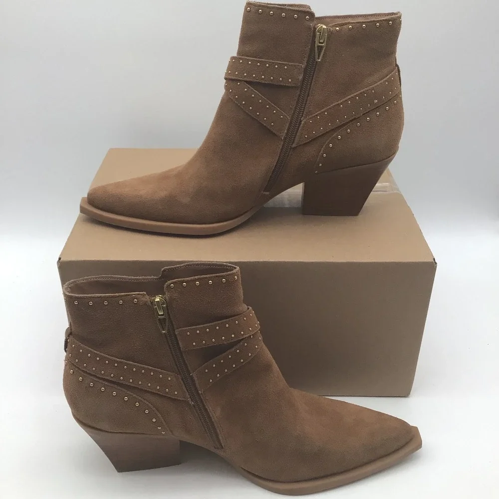 Dolce Vita Roland‎ Suede Studded Western Ankle Boots Size 11 Brown Buckle NEW